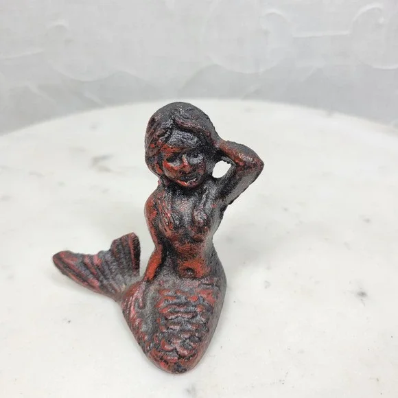 Vintage Heavy Cast Iron Mermaid Figurine 2.5" Nautical Coastal Decor Whimsigoth - Picture 7 of 10